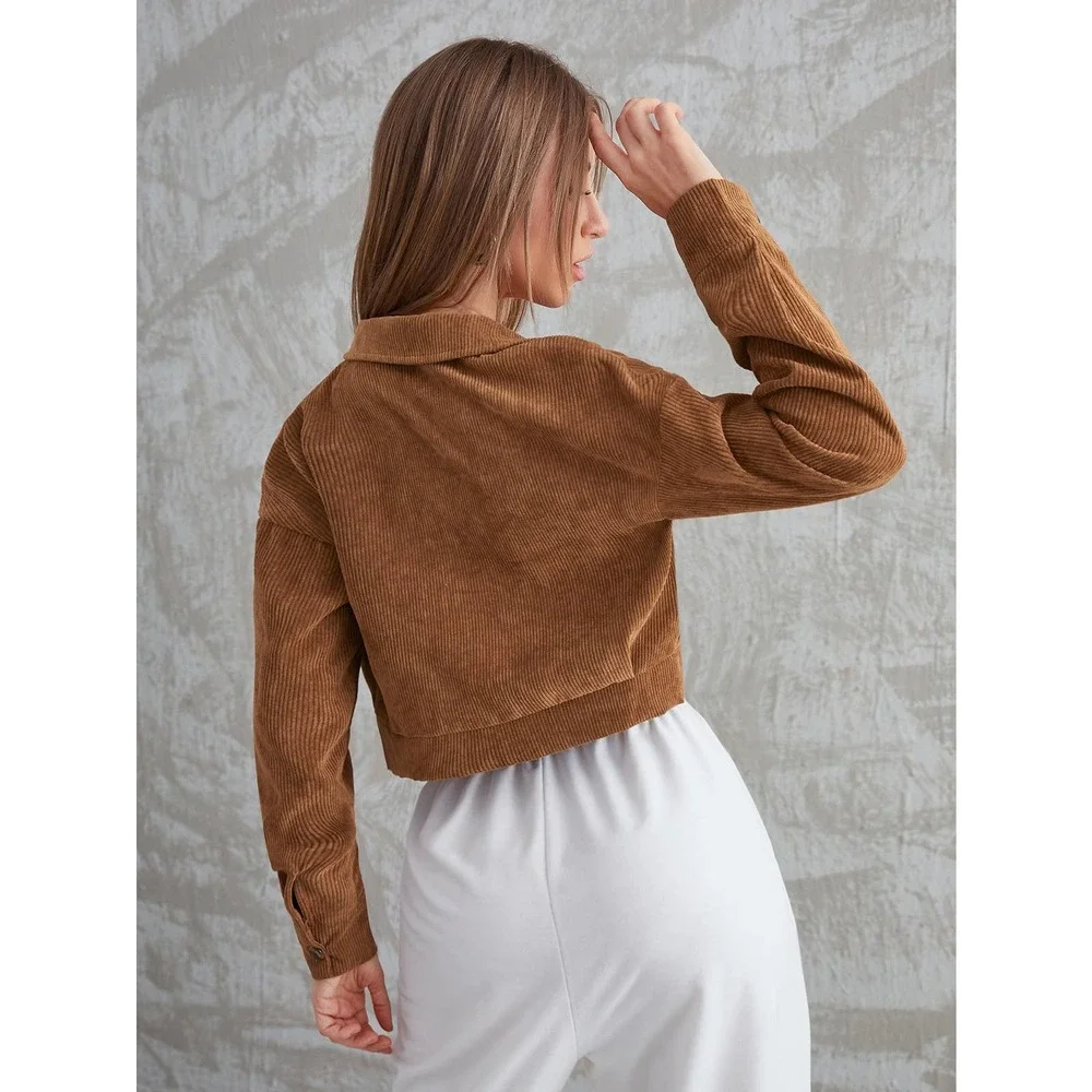 Corduroy Flap Pocket Button Up Crop Jacket trucker shacket - Picture 2 of 8